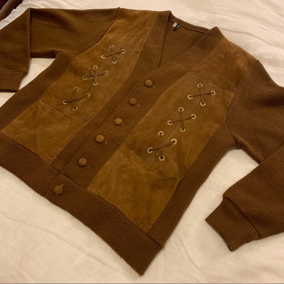 Vintage Oversized Knit Cardigan Sweater with Suede Panels and Lace Up Detail - Picture 11 of 16
